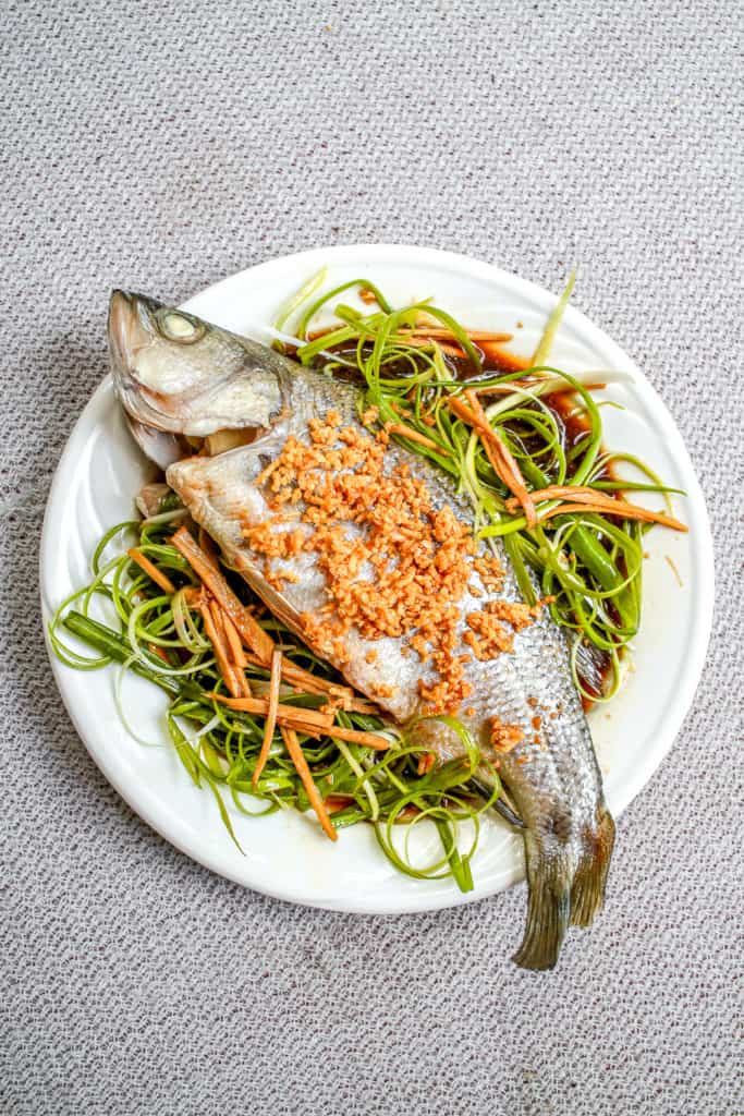 Steamed Whole Fish with Ginger, Scallion and Crispy Garlic (Cá Hấp Hành Gừng)