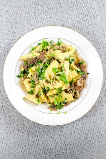 Beef and bamboo shoot stir fry, or mang xao thit bo, overhead view