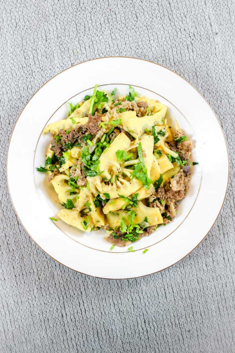 Beef and bamboo shoot stir fry, or mang xao thit bo, overhead view