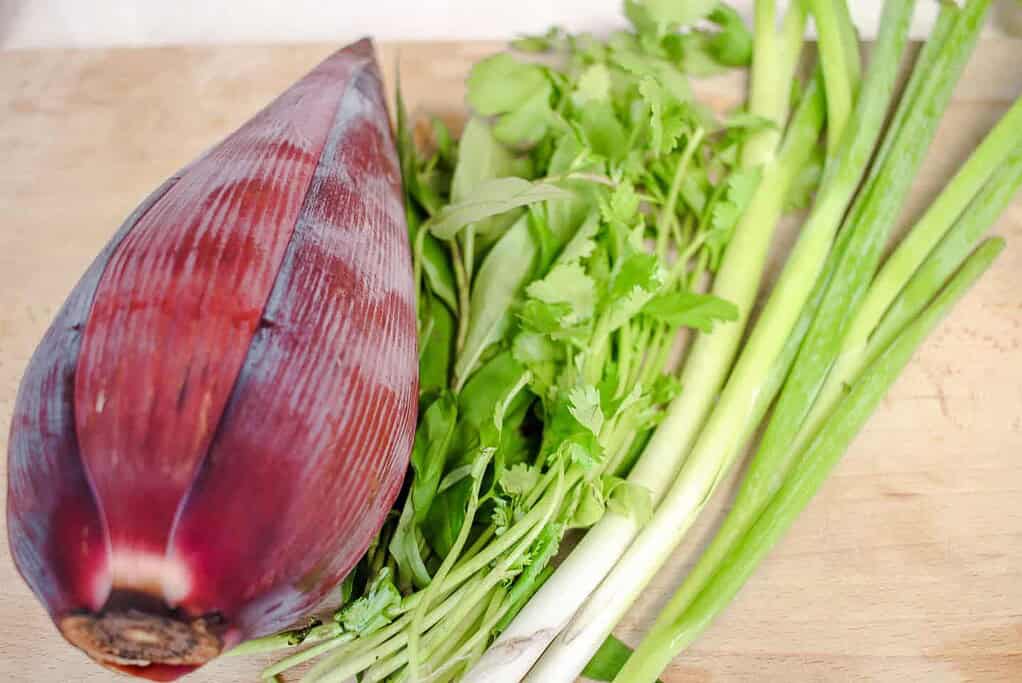 banana blossom, cilantro, scallion and rau ram for Spicy Vietnamese Beef Noodle Soup (Bún bò Huế)