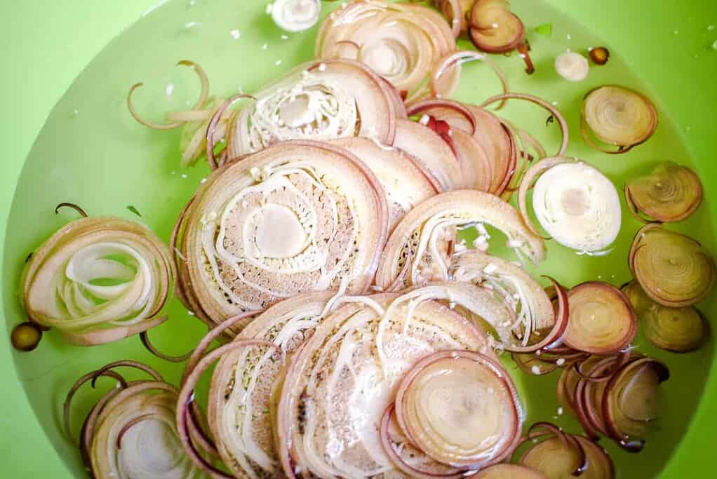 Sliced banana blossom for Spicy Vietnamese Beef Noodle Soup (Bún bò Huế)