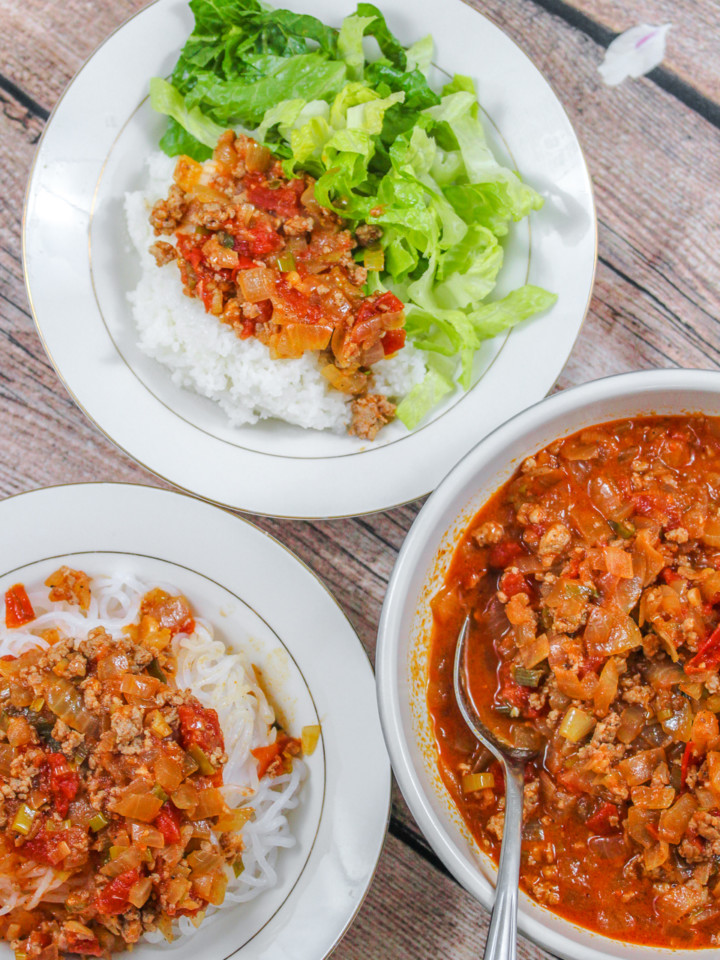 Vietnamese Ground Pork in Tomato Sauce (Thịt Băm Sốt Cà Chua) with rice, lettuce and noodles