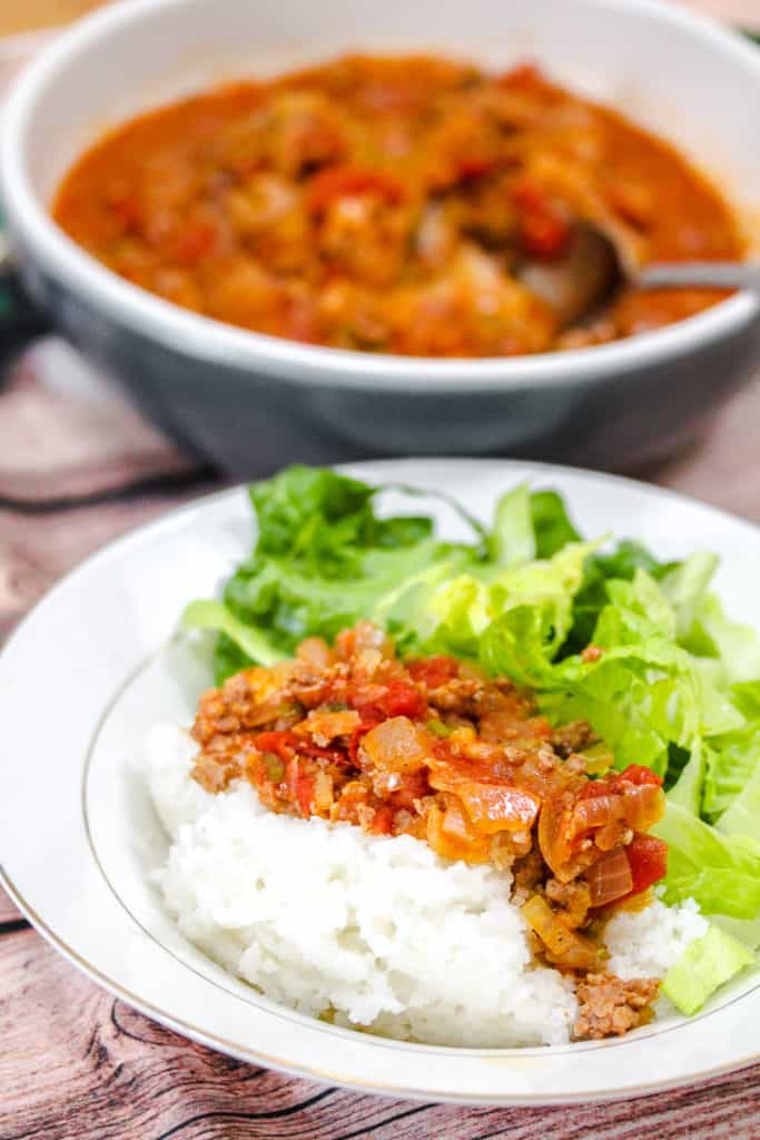 Vietnamese Ground Pork in Tomato Sauce (Thịt Băm Sốt Cà Chua) with rice and lettuce