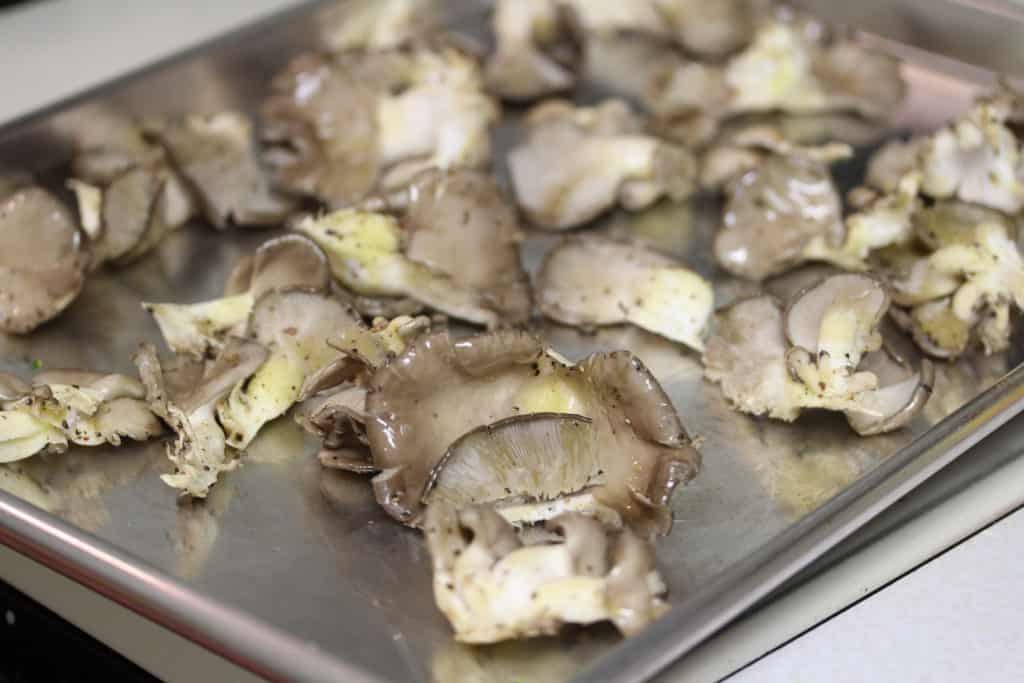 oyster mushrooms on a sheet pan