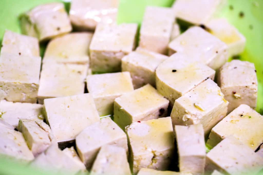 tofu cubes marinated in oil