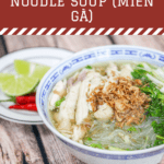 Bowl of noodle soup with chicken, scallion, cilantro and fried shallots