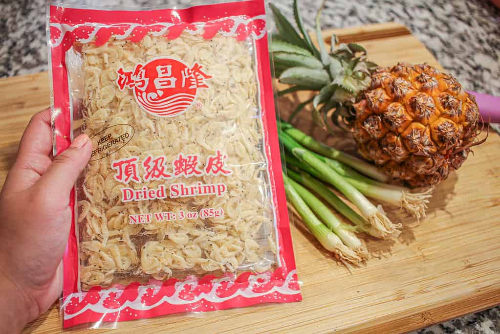 ingredients for Dried Shrimp and Pineapple Stir Fry (Tép Khô Xào Dứa)