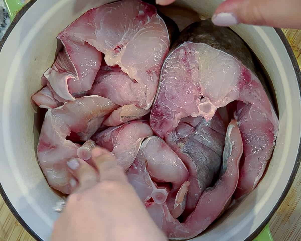 Two hands arrange raw catfish steaks in a dutch oven