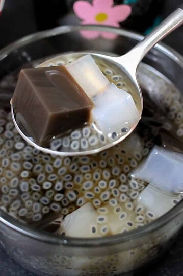 A square cropped, close up shot of a metal spoon holds a chunk of grass jelly, two chunks of nata de coco and some basil seeds in sugar syrup. It is held above a clear bowl with more grass jelly, nata de coco and basil seeds.