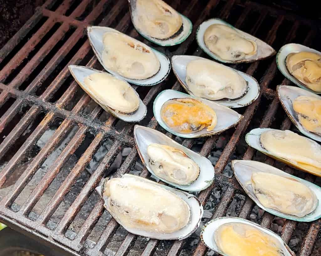 Frozen mussels on a grill