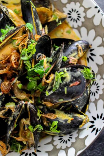 A birdeye view of mussels sitting in red curry topped with fried shallots, cilantro and scallion